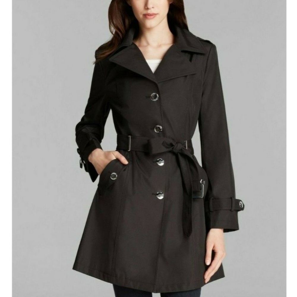 Womens Calvin Klein Hooded Belted Trench Coat in Black - Size M